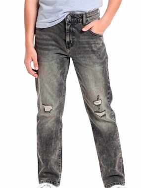 Distressed Straight-Leg Slim Black Wash Jeans
